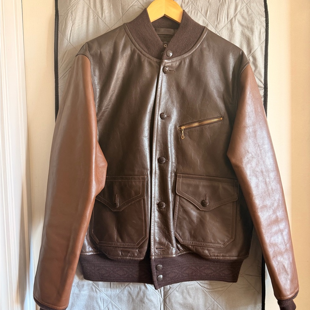 Ralph Lauren RRL Meyers Wool Lined A-1 Two Tone Flight Bomber Leather Jacket